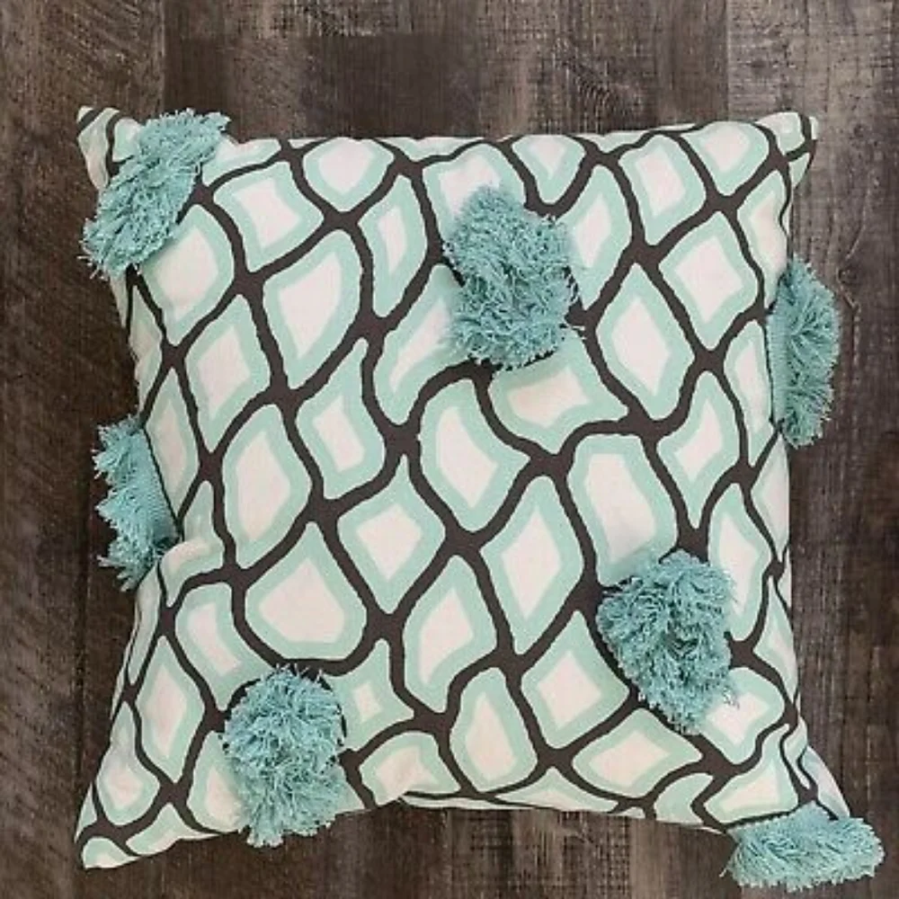 Pier 1 Modern Geometric Teal, Brown Pillow w/Fringe NWT